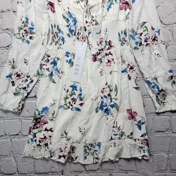 Lumiere Ivory Floral Print Peasant Decollete Top Defined Waist Dress NWT Size S - Picture 3 of 12